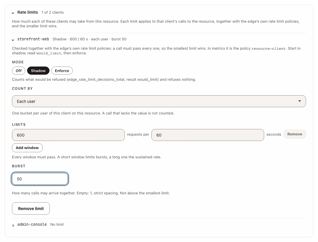 The Rate limits box of Edit audience with one client opened: shadow mode, counted per user, 600 requests per 60 seconds, a burst of 50.