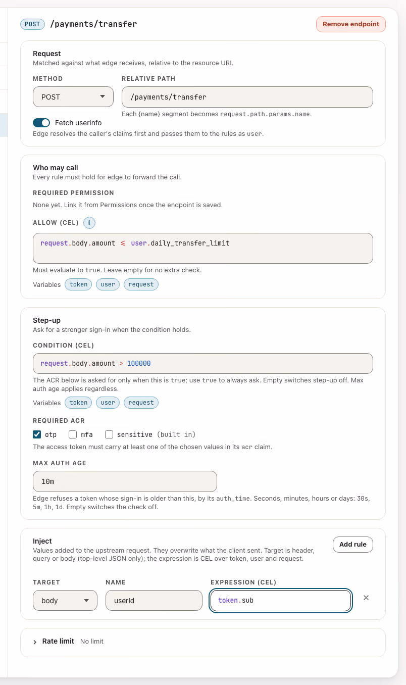 The panels of one endpoint with an Allow rule, a step-up condition with an ACR value and a maximum age, and an Inject rule.