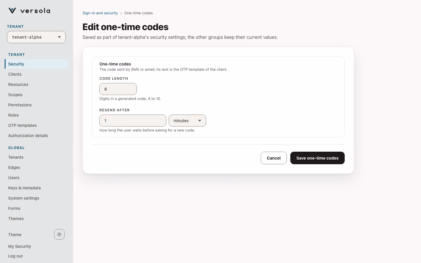 Edit one-time codes page with the Code length field and the Resend after duration field.