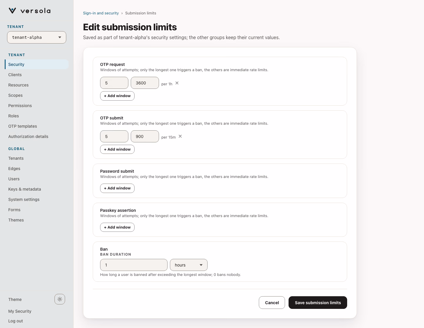 Edit submission limits page with a list of attempt windows for OTP request, OTP submit, password submit and passkey assertion, and the ban duration.