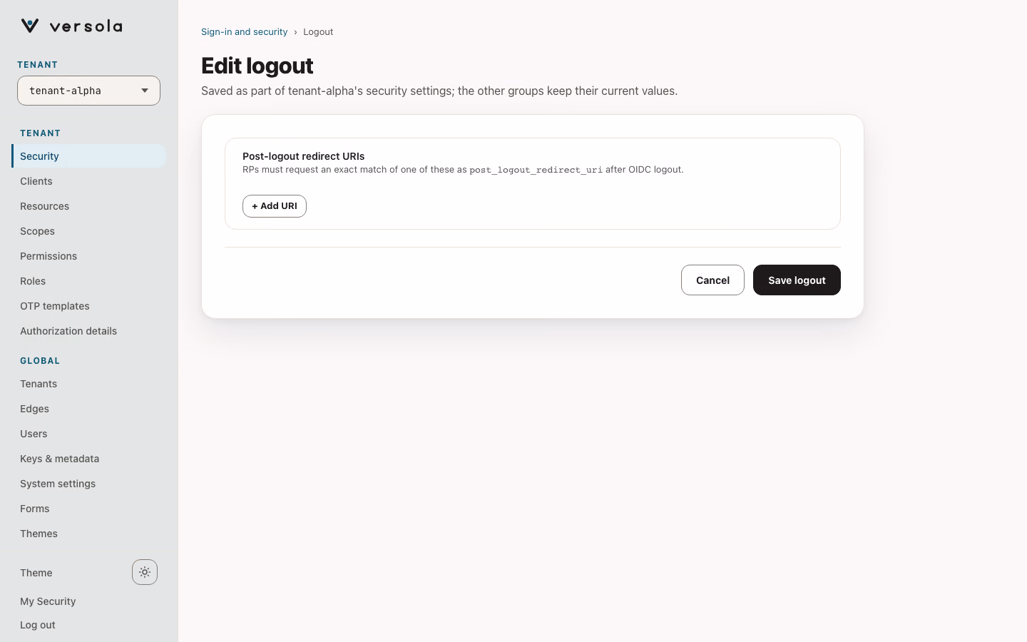Edit logout page with the list of post-logout redirect URIs and an add button.