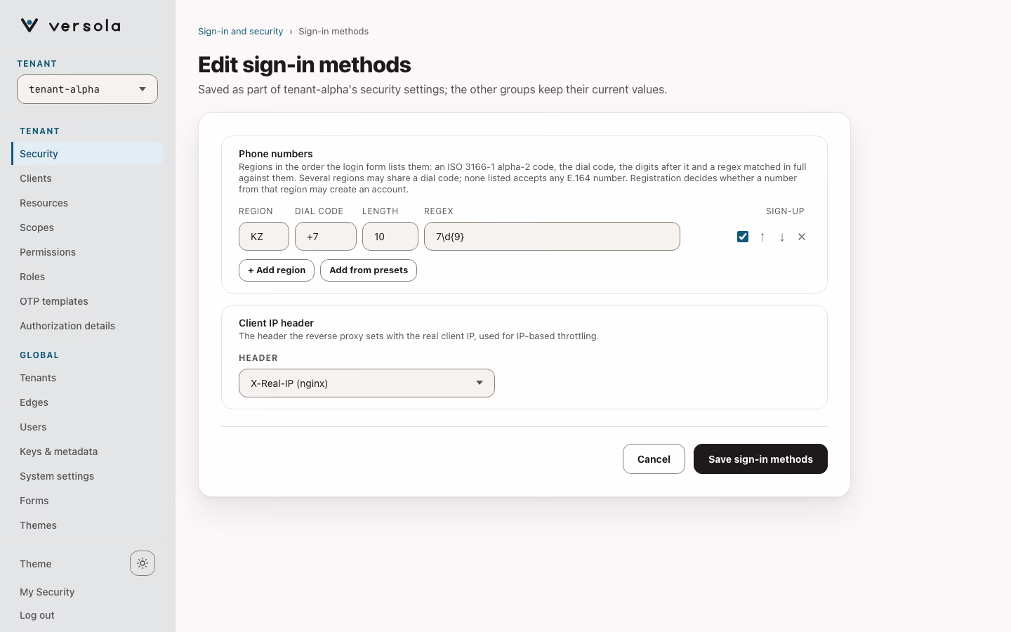 Edit sign-in methods page: the phone region rows with Region, Dial code, Length, Regex and Sign-up, the Add region and Add from presets buttons, and the Client IP header select.