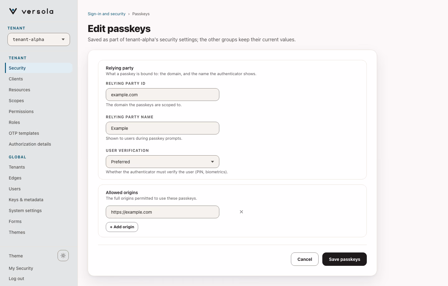 Edit passkeys page with Relying party ID, Relying party name, User verification and the list of allowed origins.