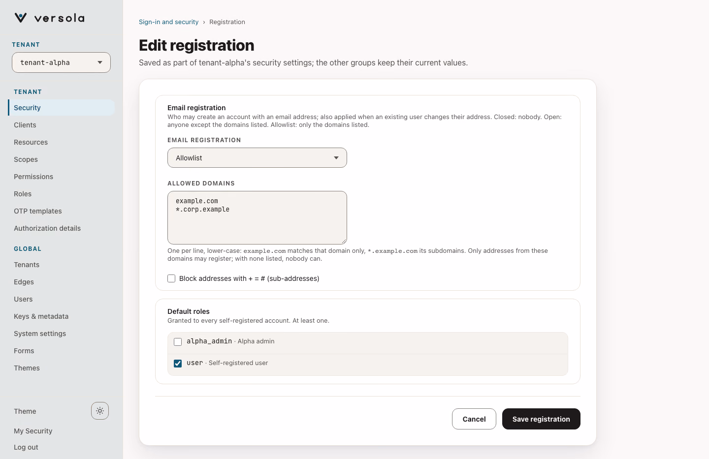 Edit registration page with the Email registration mode, the domain list, the sub-address checkbox and the default roles picker.