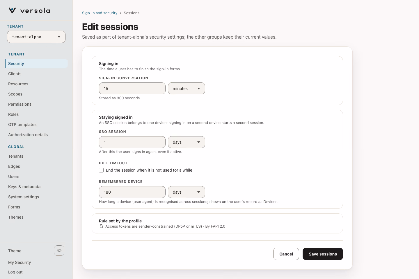 Edit sessions page with the sign-in conversation and SSO session durations, the idle timeout checkbox and the remembered device duration.