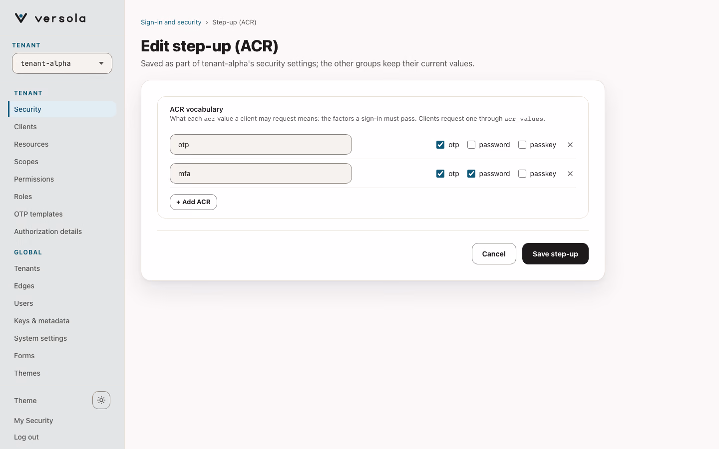 Edit step-up page with one row per ACR value and a checkbox for each of the otp, password and passkey factors.