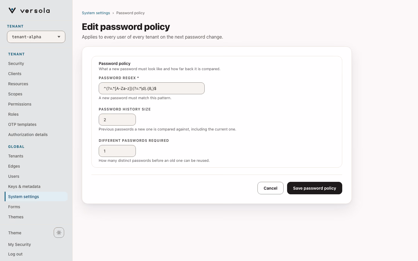 Edit password policy page with the Regex, History size and Different passwords required fields and the Cancel and Save password policy buttons.