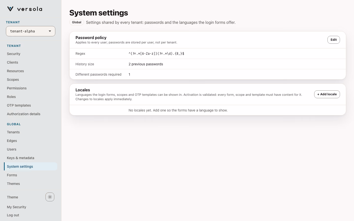 System settings page in read-only mode: the Password policy card with the regular expression, a history size of 2 and one different password required, and the Locales card with a table of languages.