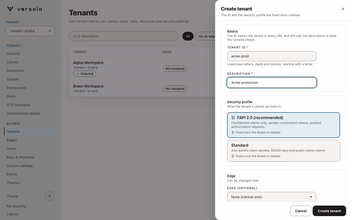 Create Tenant form with the FAPI 2.0 (recommended) security profile selected.