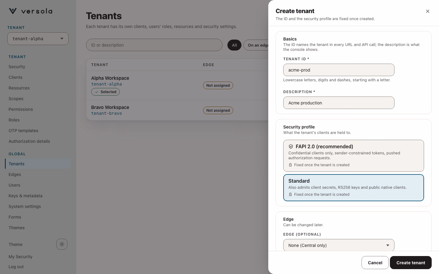 Create Tenant form with the Standard security profile selected.
