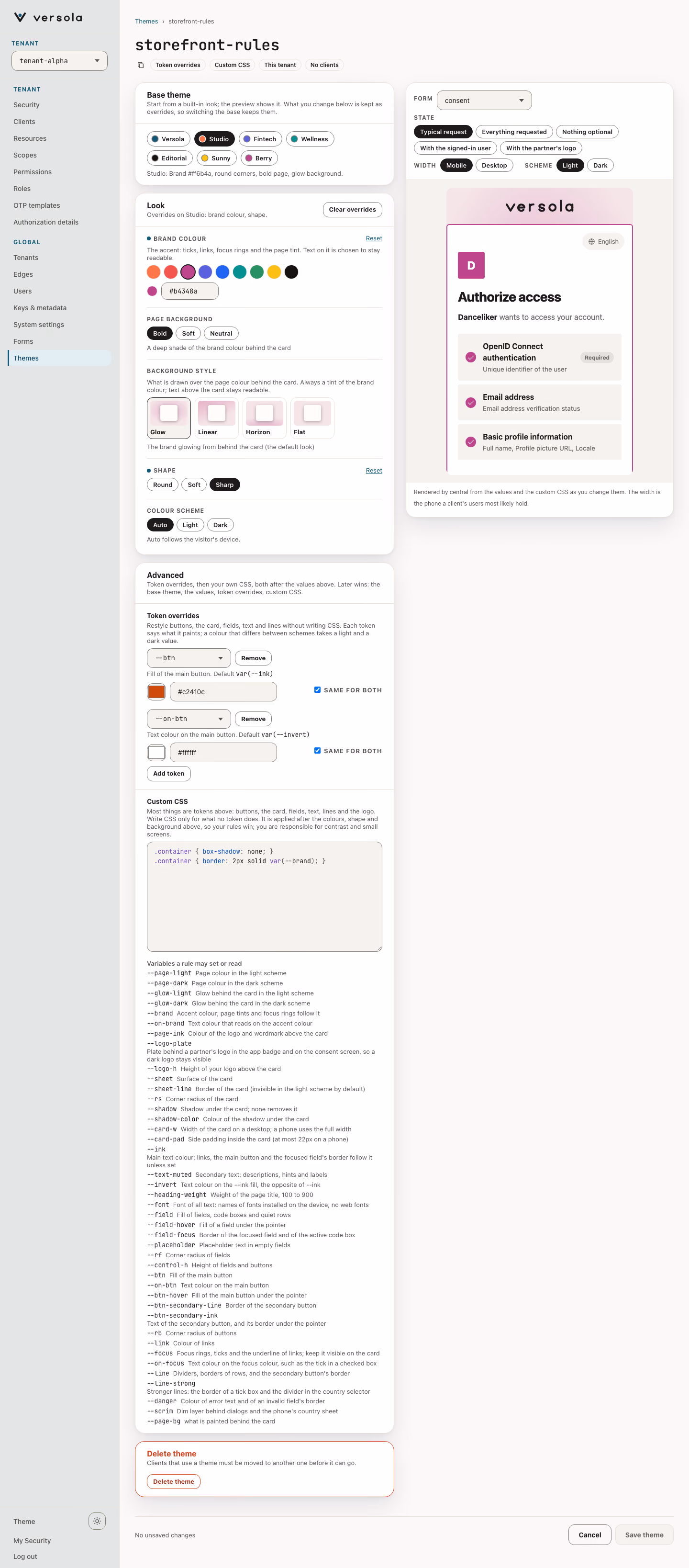The Advanced card with a token override row and two CSS rules, and the preview of the consent screen drawn with them