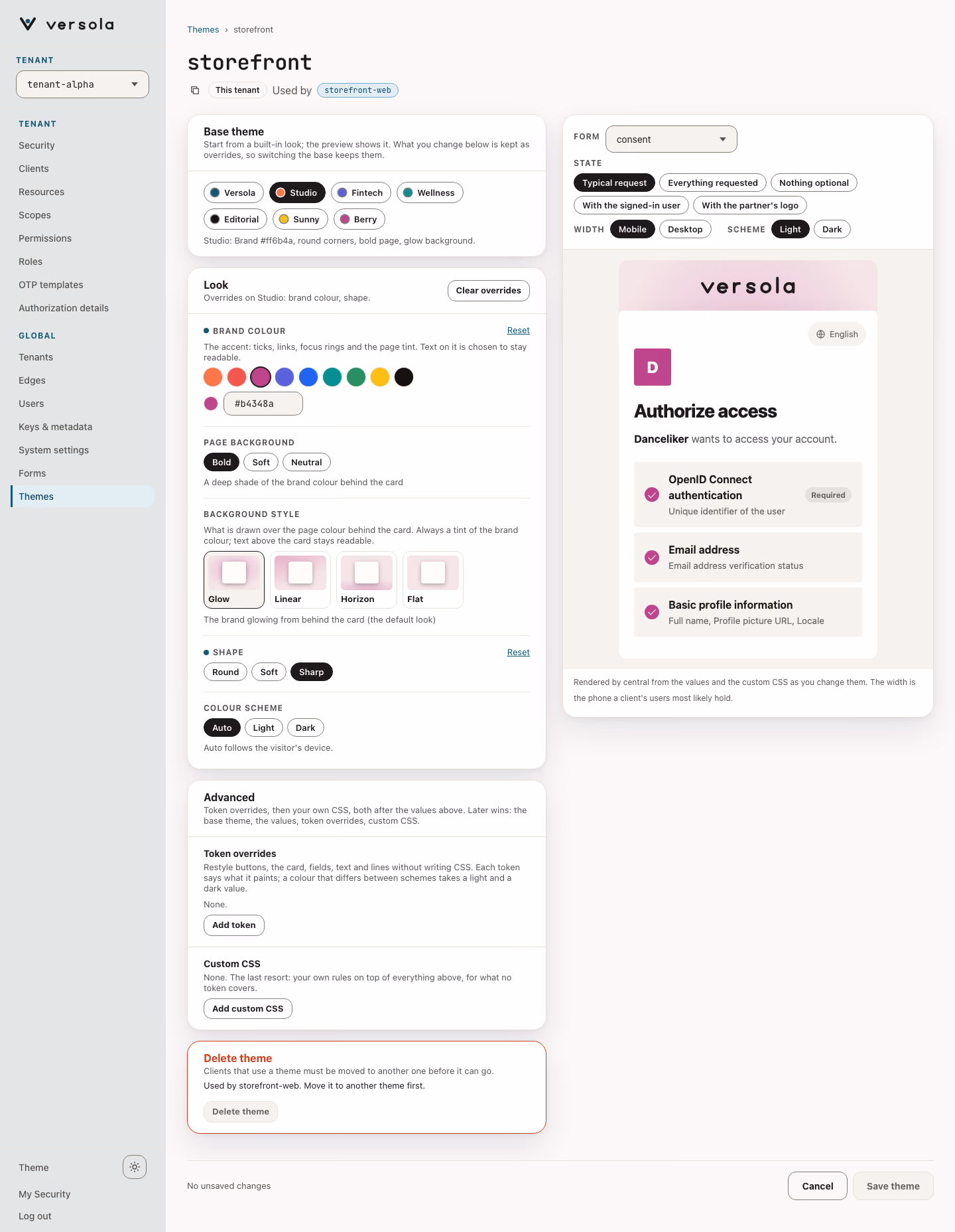 The page of the storefront theme with the Studio base theme, two overridden values and the preview of the consent screen