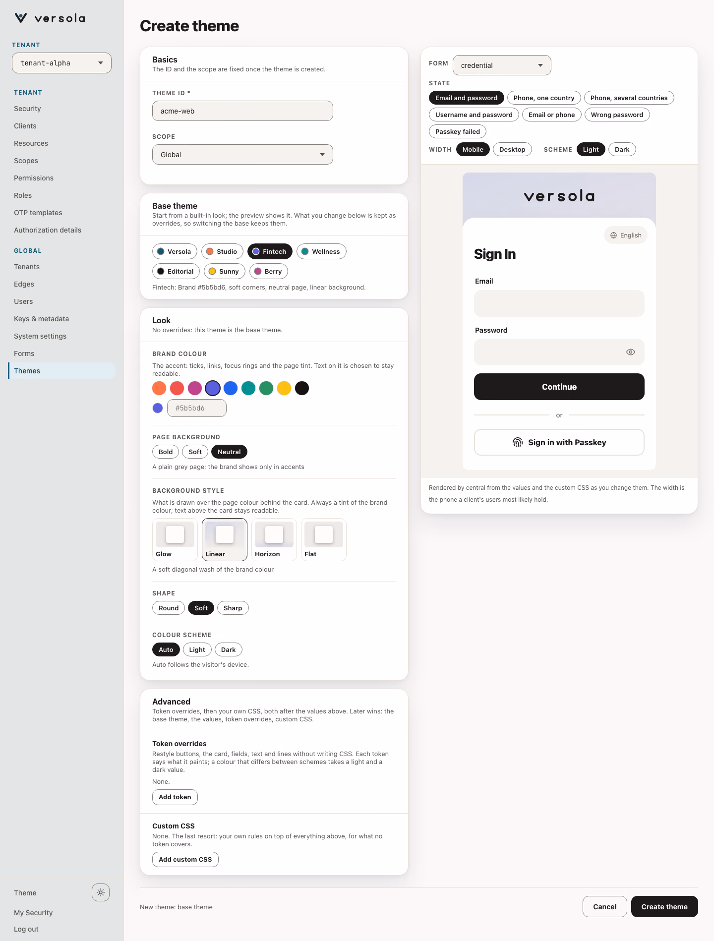 Create theme with the Fintech base theme selected and a preview of the sign-in form on the right