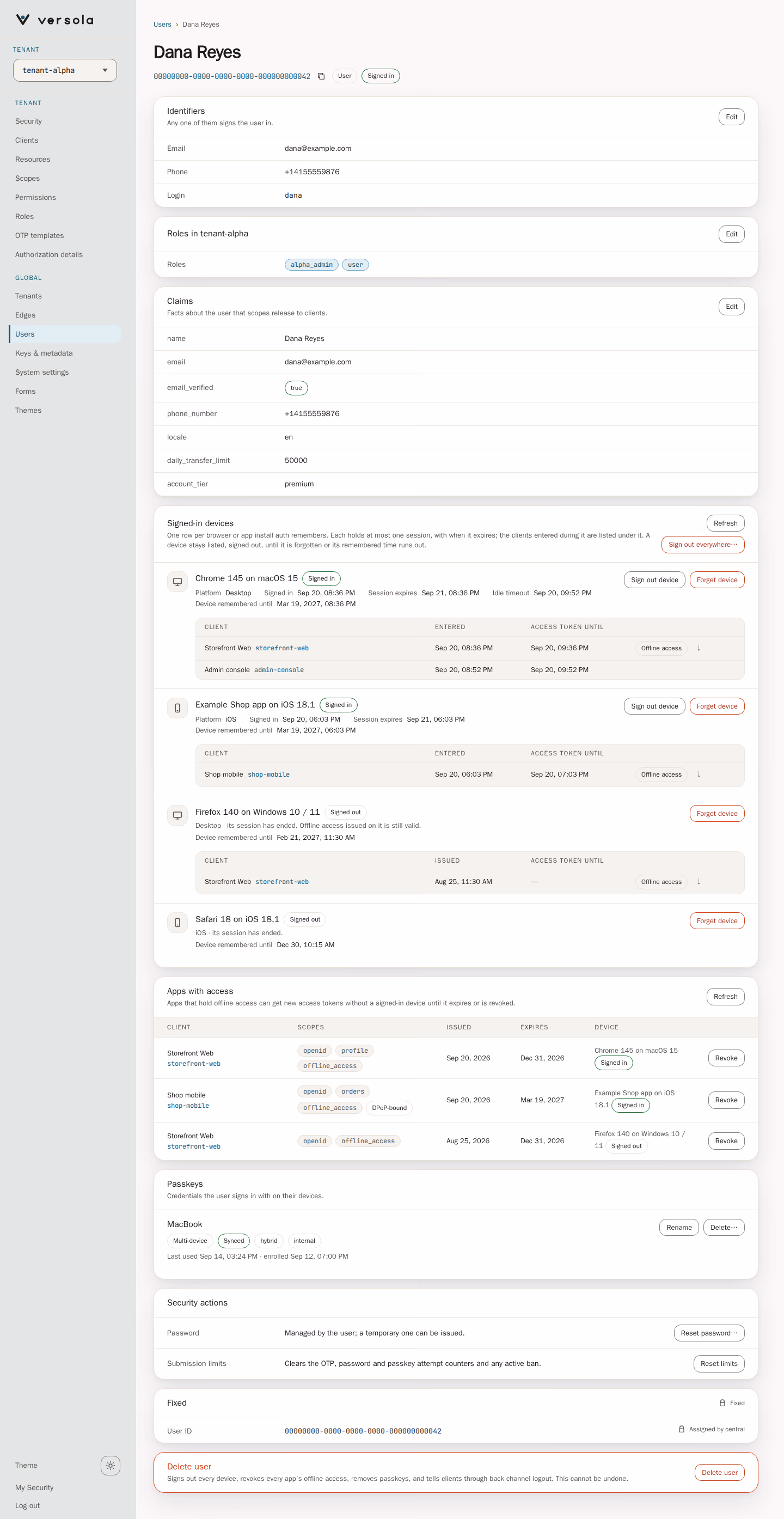 A user's page with the cards Identifiers, Roles, Claims, Signed-in devices, Apps with access, Passkeys, Security actions, Fixed and Delete user