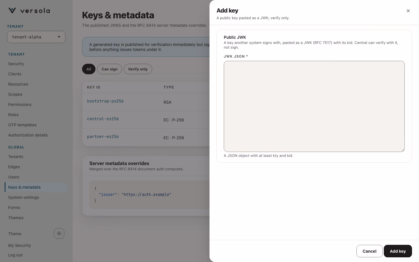 The add key panel with the JWK JSON field and the hint that it needs at least kty and kid.