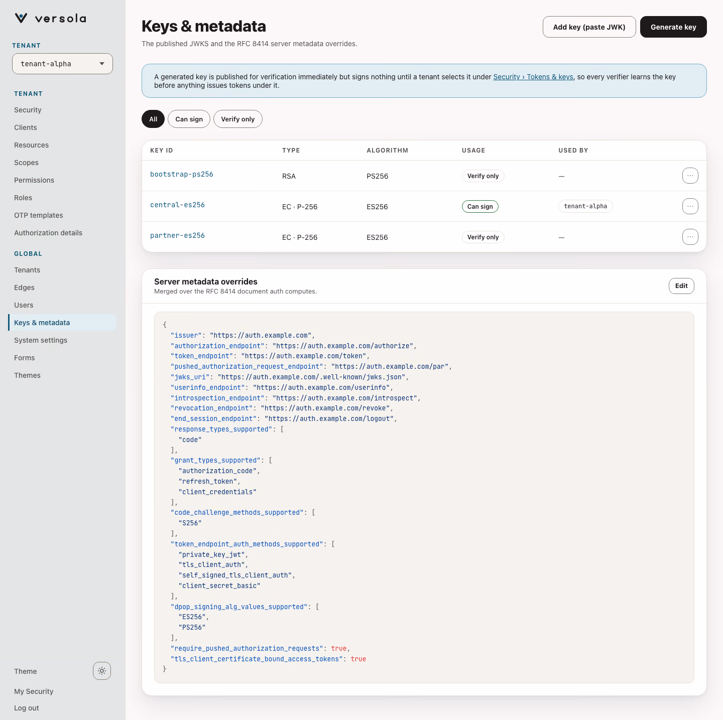 Keys & metadata page: the Add key (paste JWK) and Generate key buttons, the All, Can sign and Verify only filters, a table of three keys with type, algorithm, usage and used-by columns, and the Server metadata overrides card below.