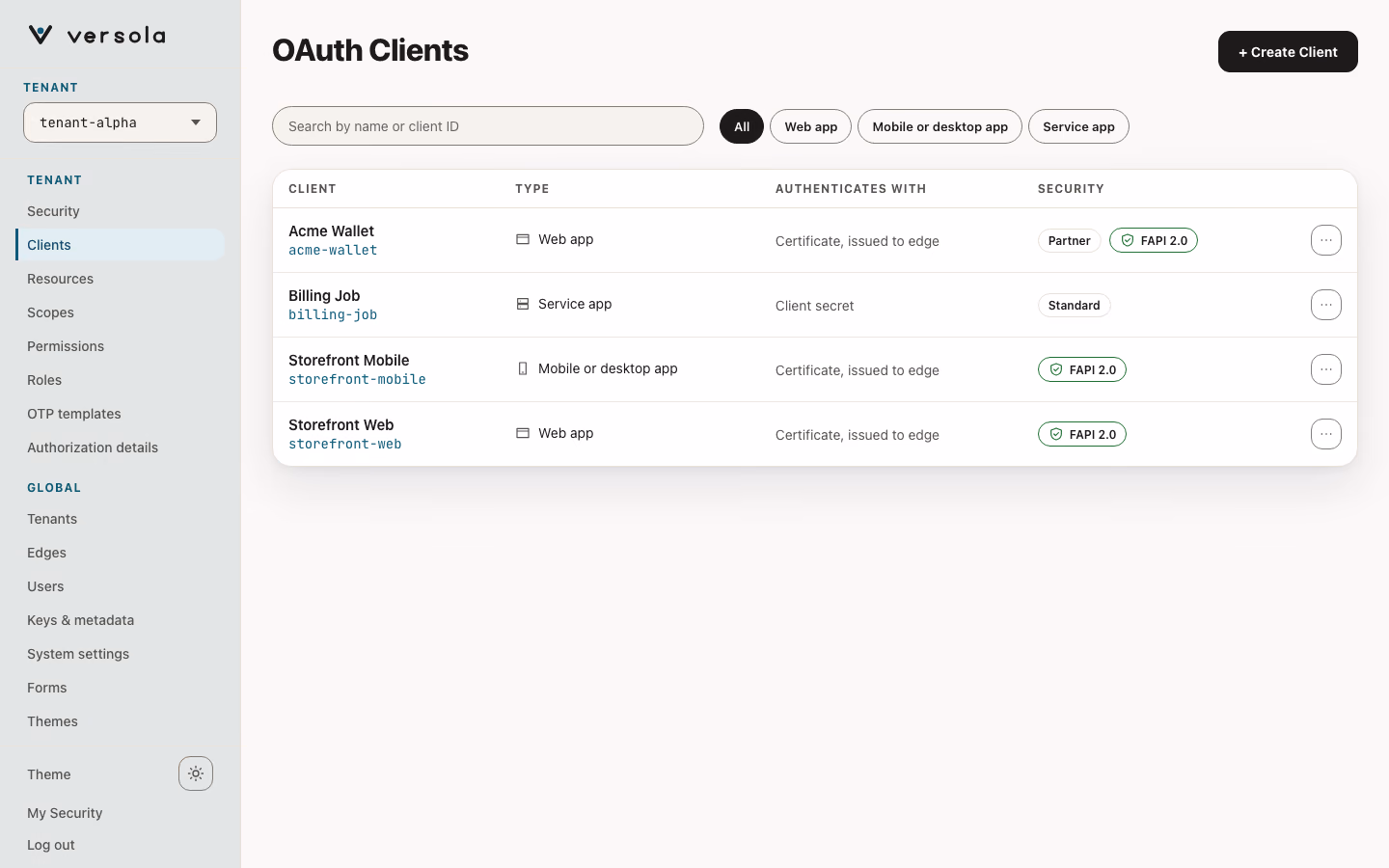 OAuth Clients table with kind filter tabs and FAPI 2.0 / Standard security chips.