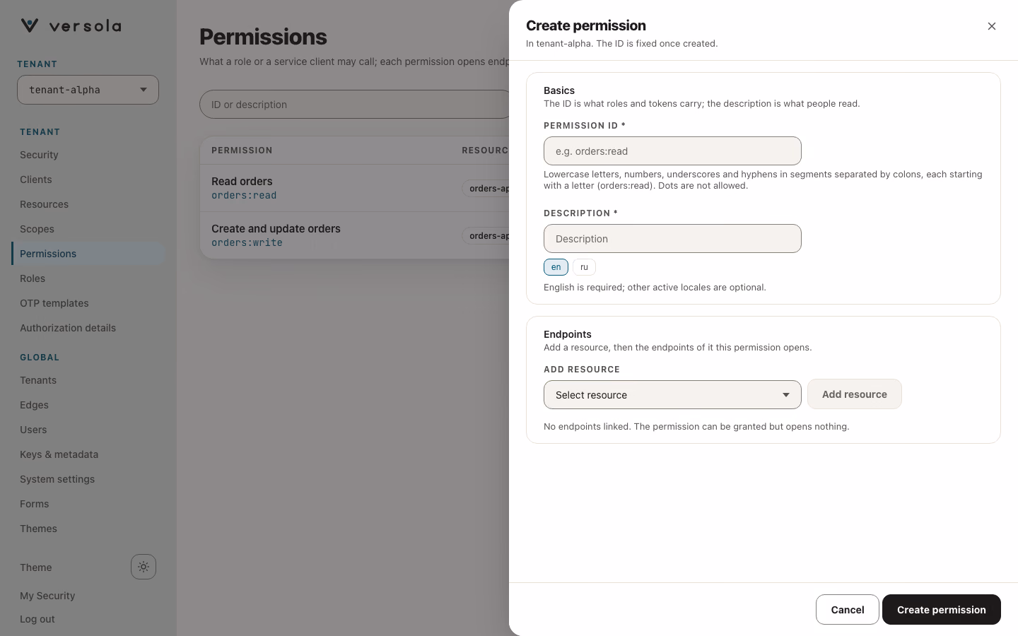 Empty Create Permission form.