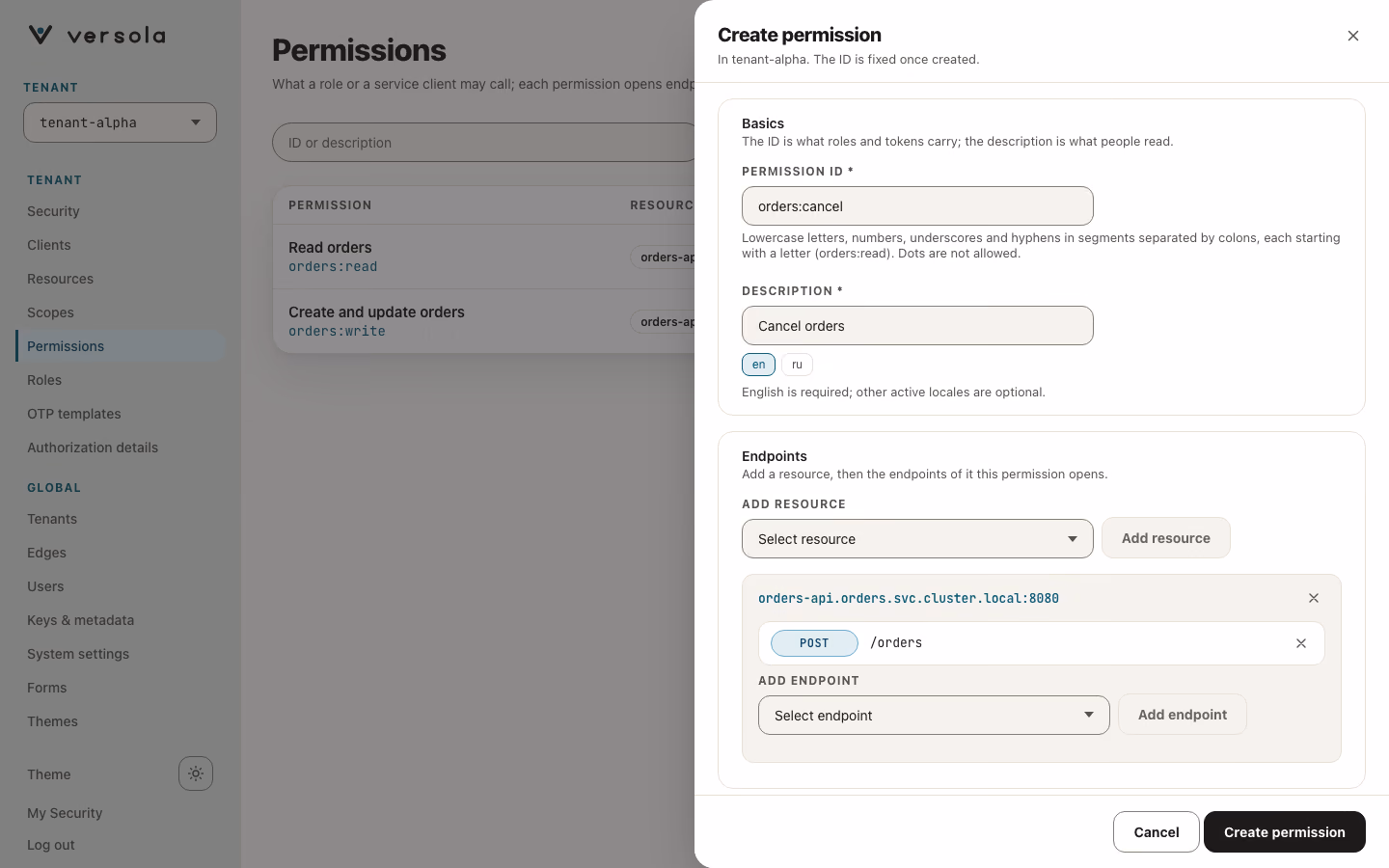Create Permission form filled in with a resource endpoint.