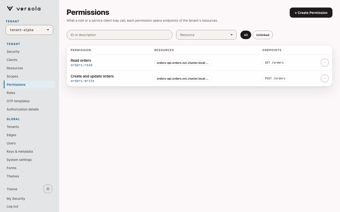 Permissions page listing two permissions.
