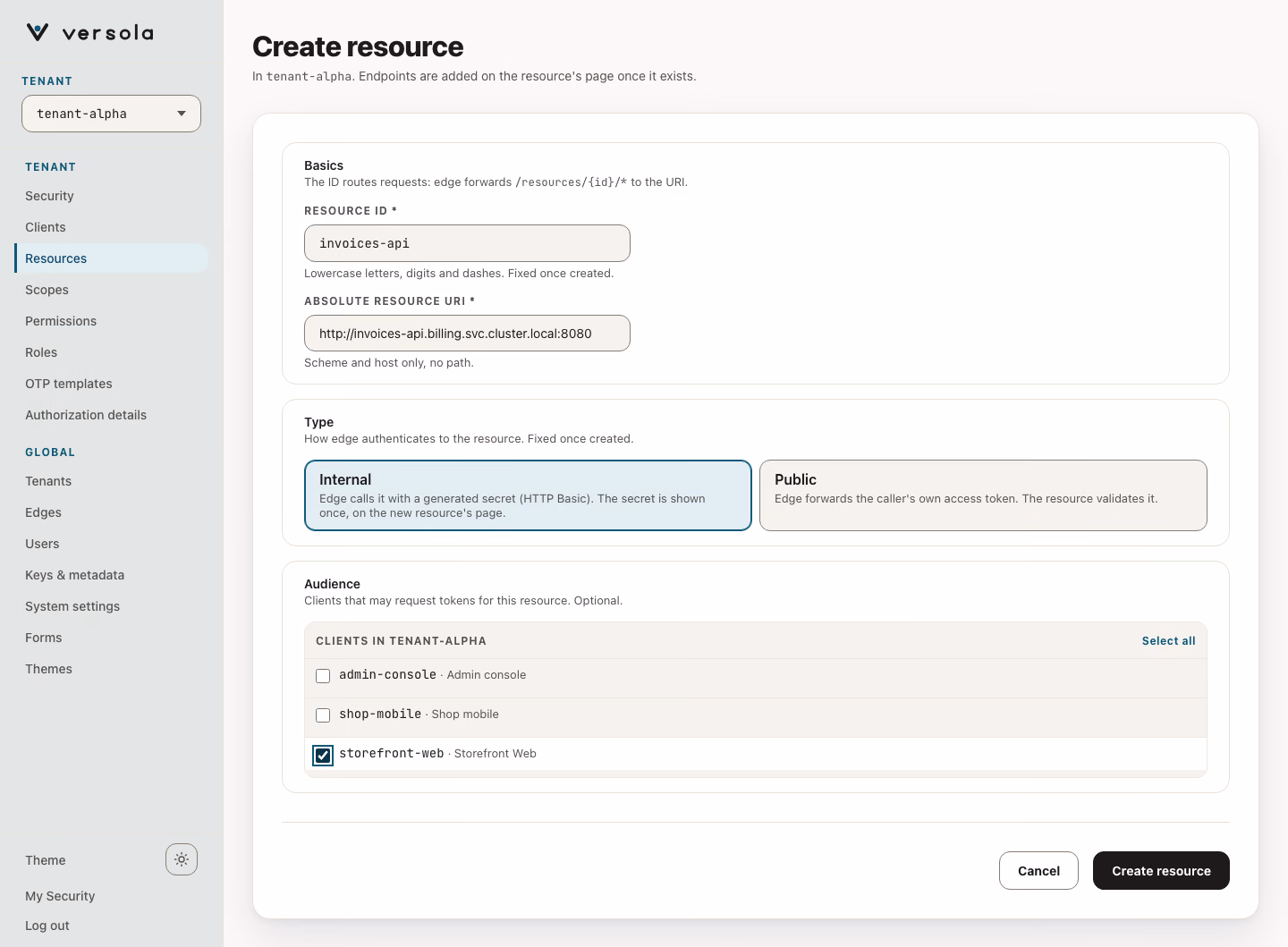 The Create resource form with an ID, a URI, the Internal type and two clients ticked.