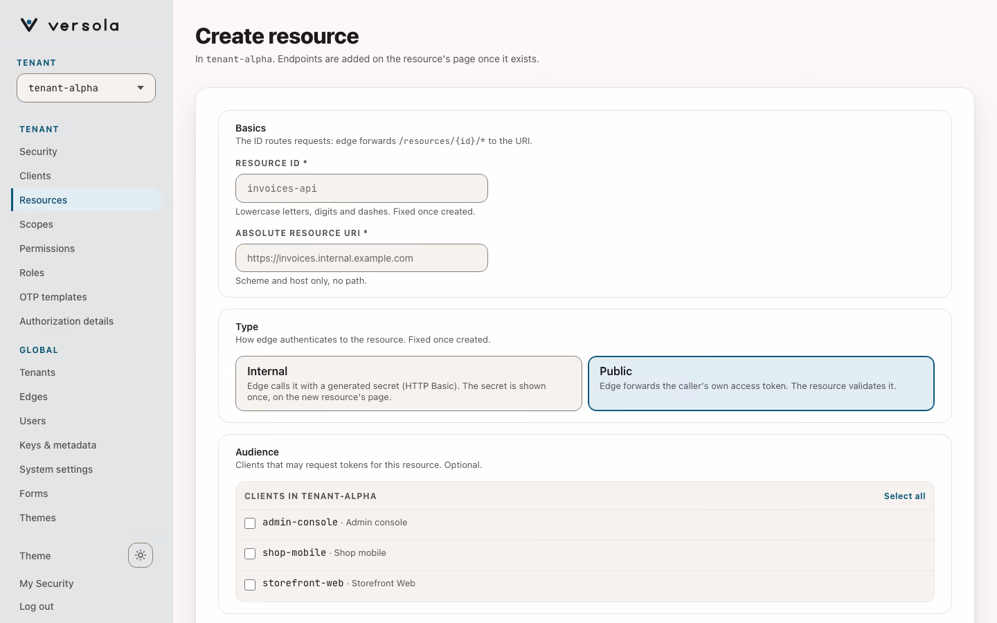 The empty Create resource form.