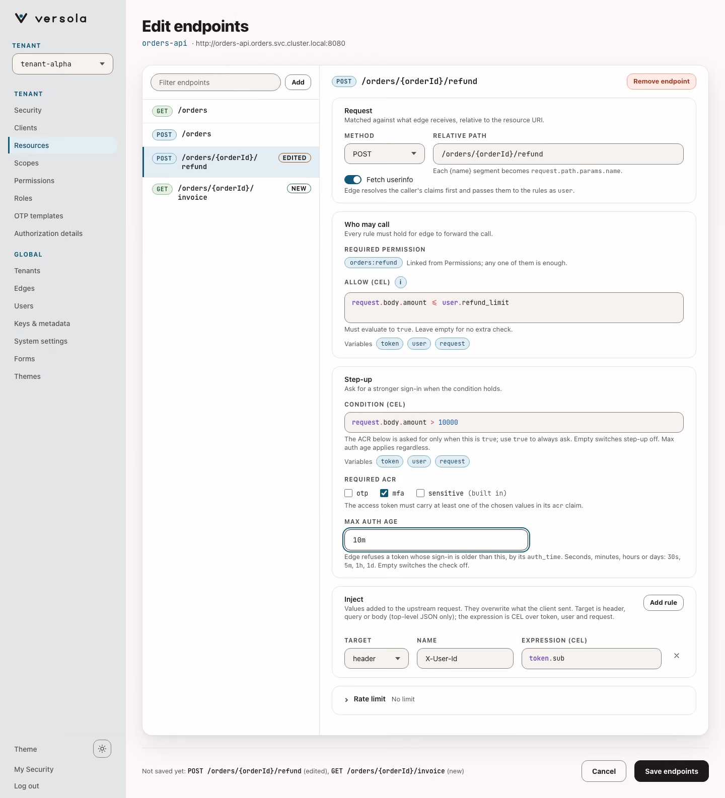 The Edit endpoints page: the endpoint list with a new and an edited endpoint, and the Request, Who may call, Step-up and Inject panels of the selected one.