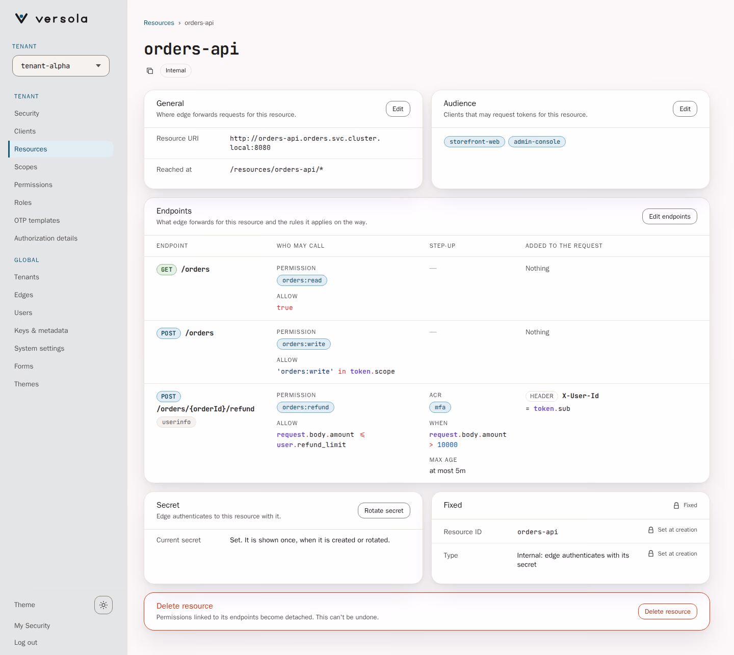 The page of the orders-api resource: General and Audience, the endpoints table, Secret and Fixed, and the delete card.