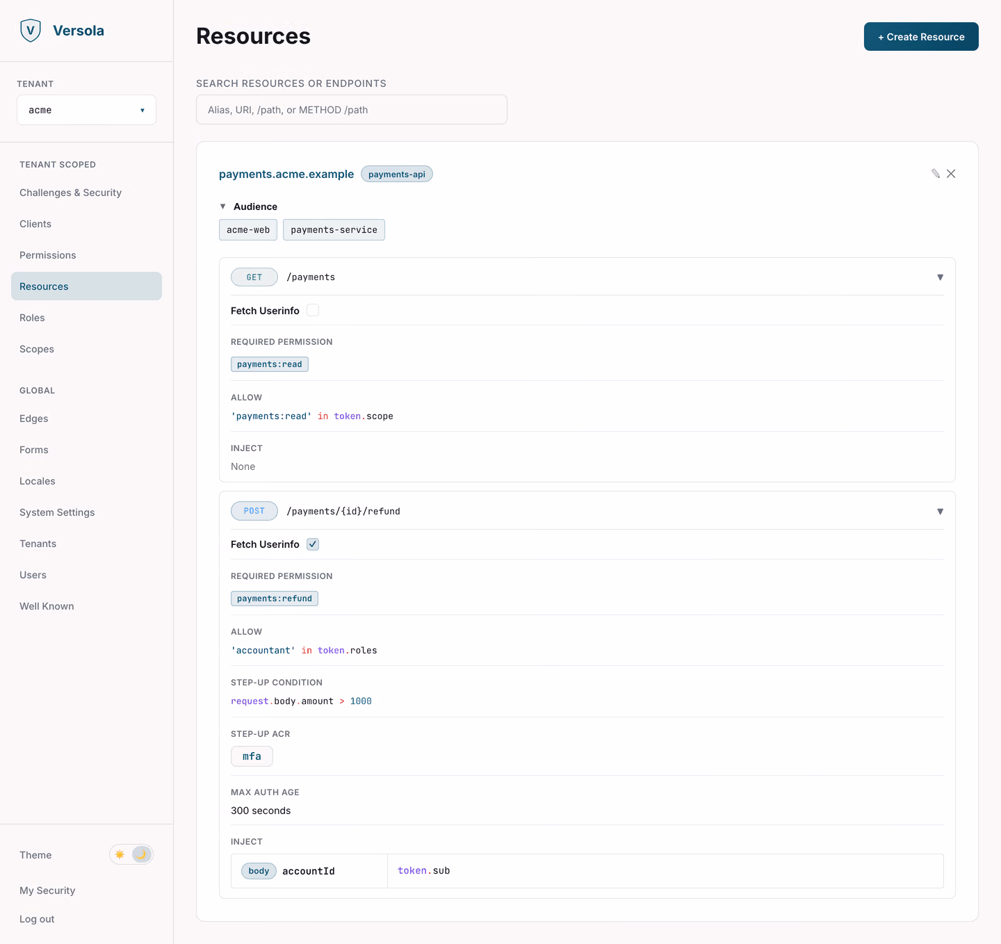 Versola admin: layered CEL and step-up access policy