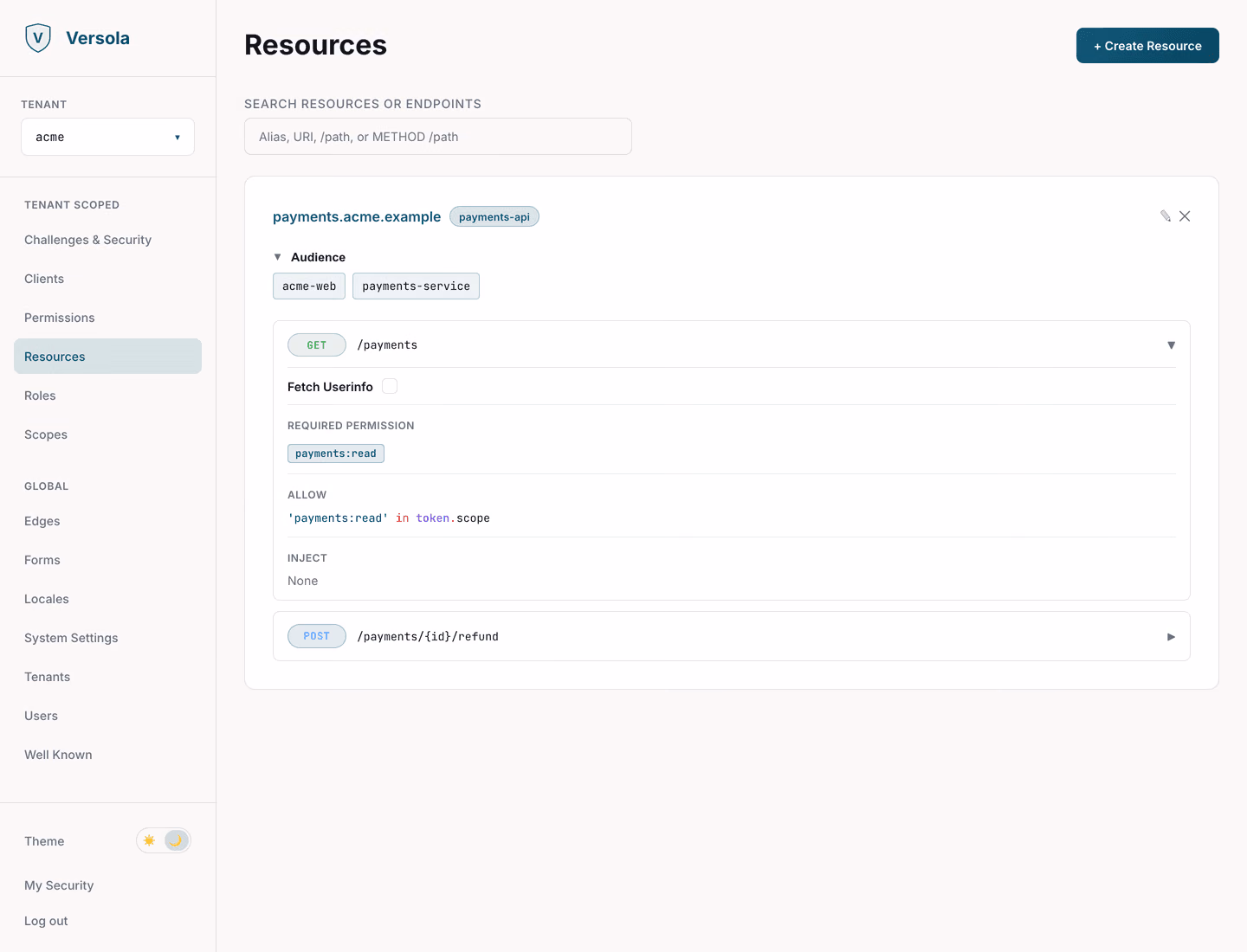 Versola admin: protected resource registry
