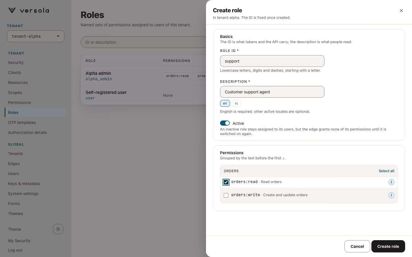Create New Role form filled in.