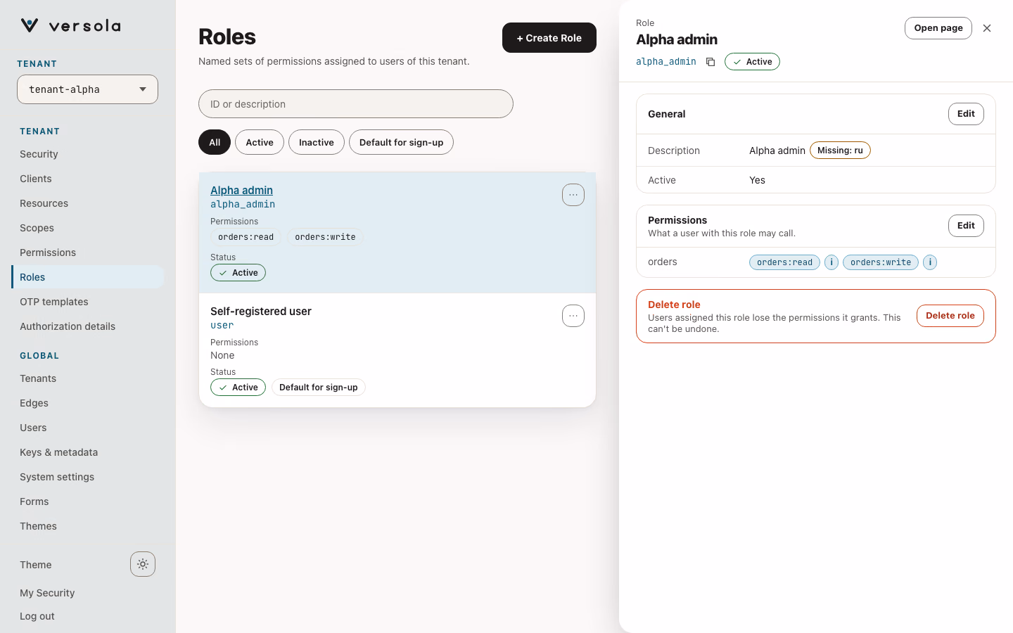 Role expanded to show its permissions.