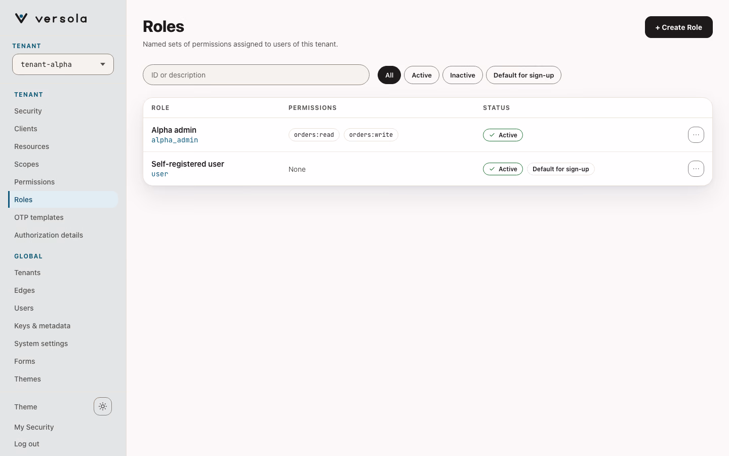 Roles page with two roles.