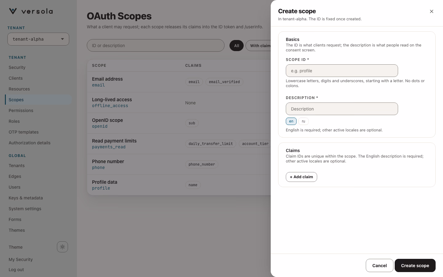 Empty Create New Scope form.