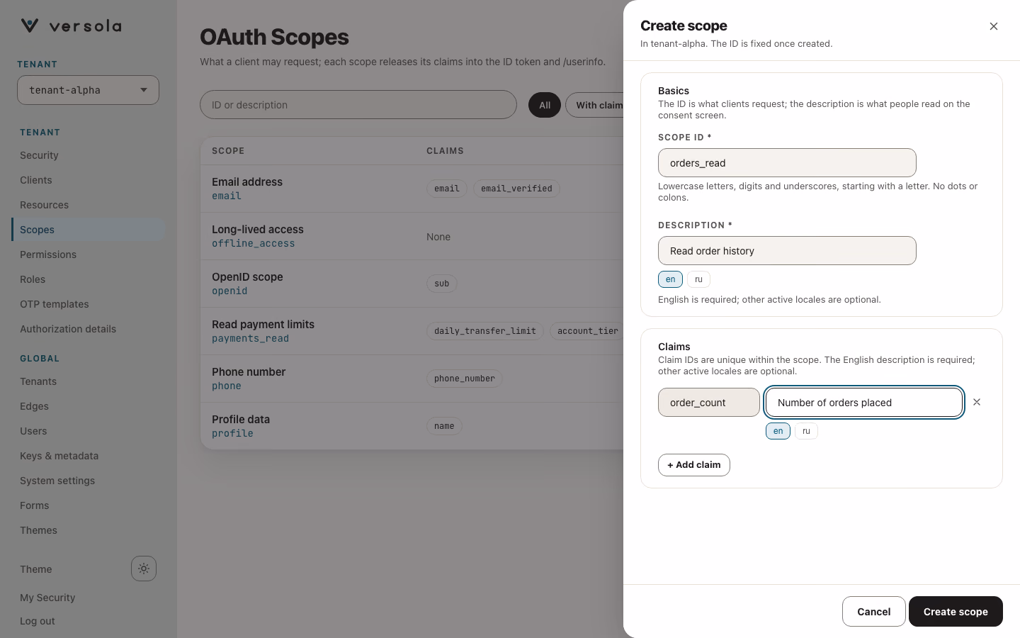 Create New Scope form filled in.