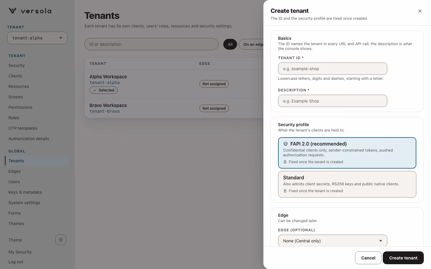 Empty Create Tenant form with Security profile set to FAPI 2.0.