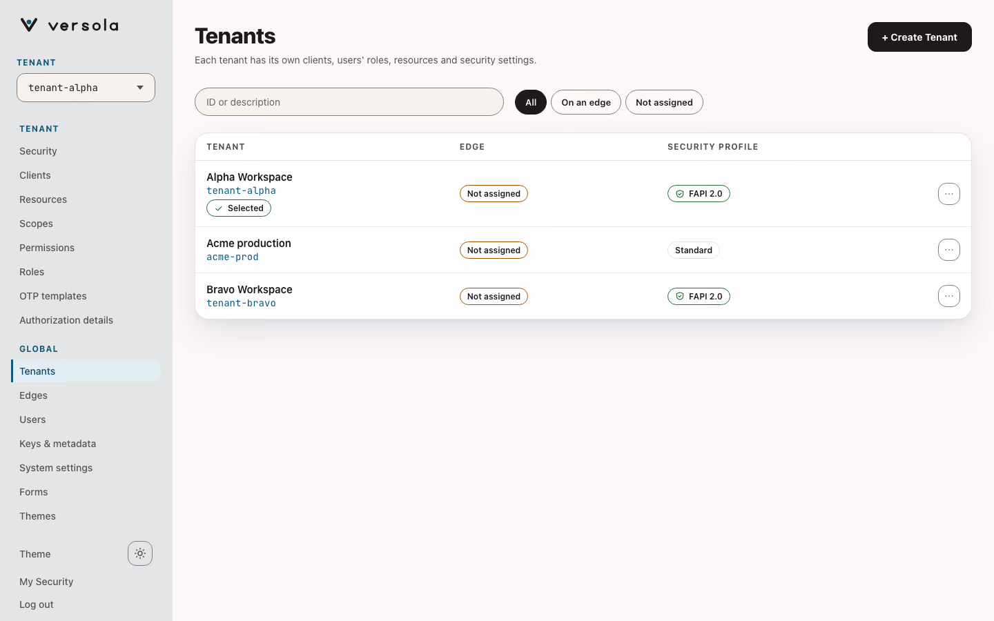 Tenants page listing three tenants, with Acme Corp selected.