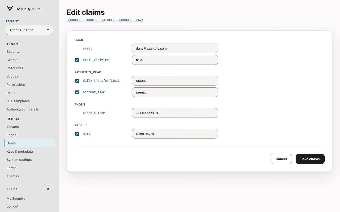 Edit claims page for a user with claims grouped by the scopes EMAIL, PAYMENTS_READ and PROFILE, each with a checkbox and a value