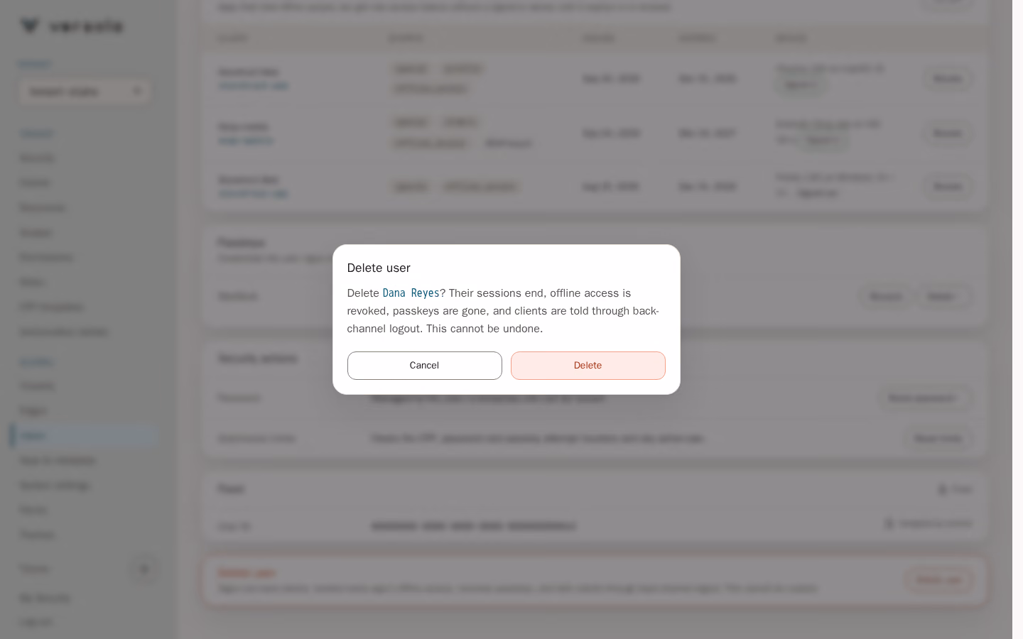 The Delete user confirmation dialog naming the user and listing what happens: sessions end, offline access is revoked, passkeys are gone and clients are told through back-channel logout