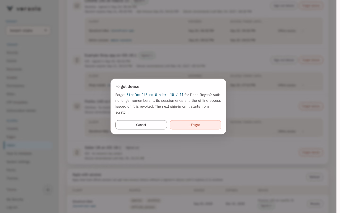 The Forget device confirmation dialog naming the device and the user and saying that auth no longer remembers it, that its session ends and that the offline access issued on it is revoked