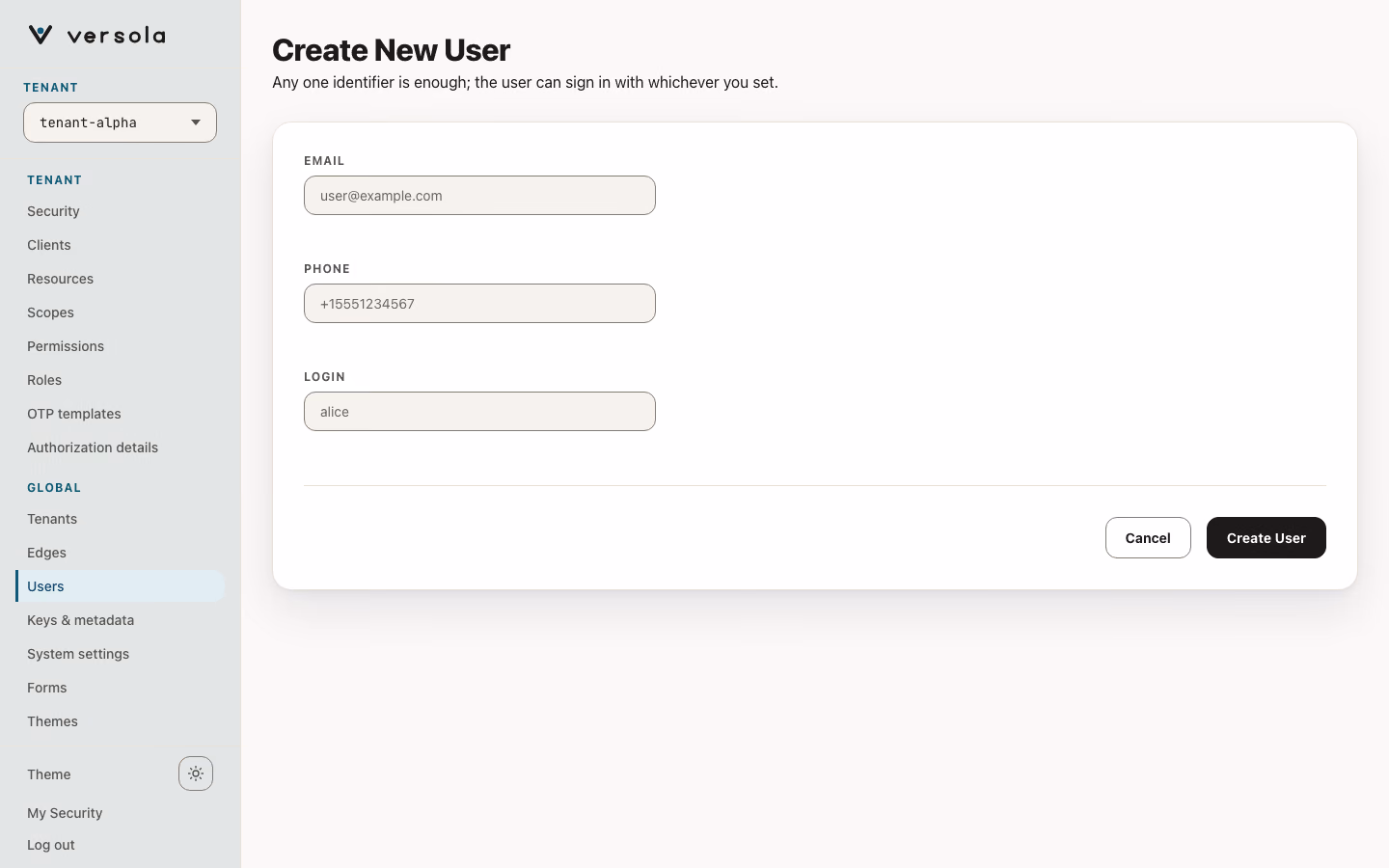 Create New User form with empty Email, Phone and Login fields and Cancel and Create User buttons