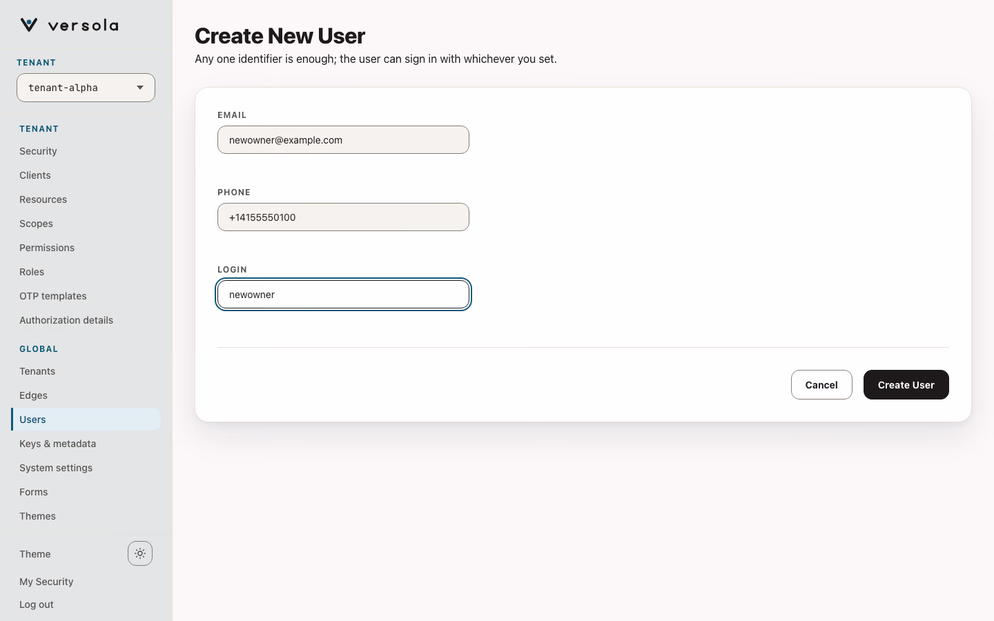 Create New User form filled with an email, an E.164 phone number and a login