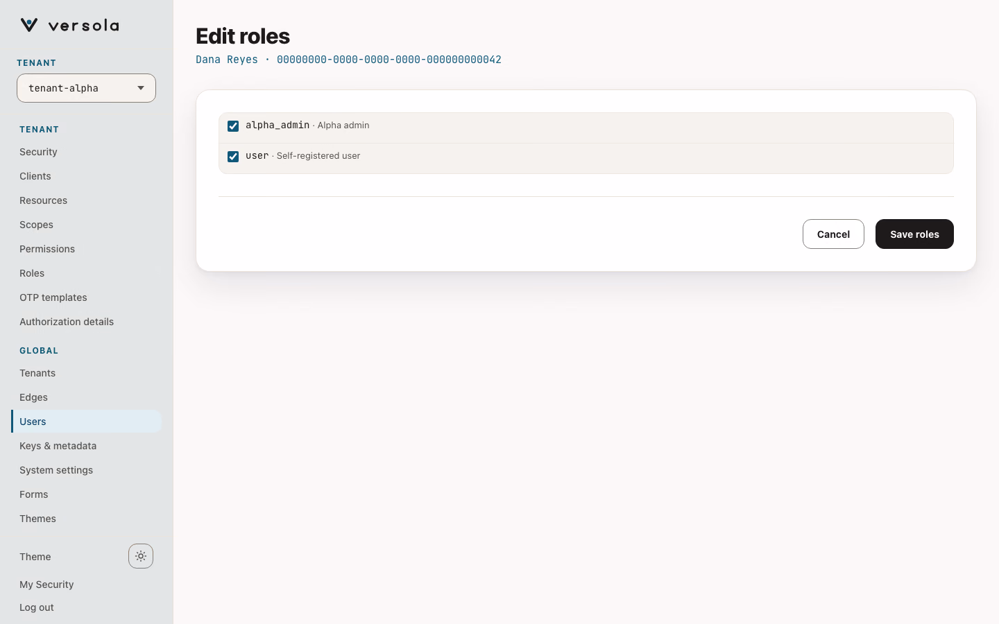 Edit roles page listing the roles of the tenant as checkboxes, with the roles the user has ticked