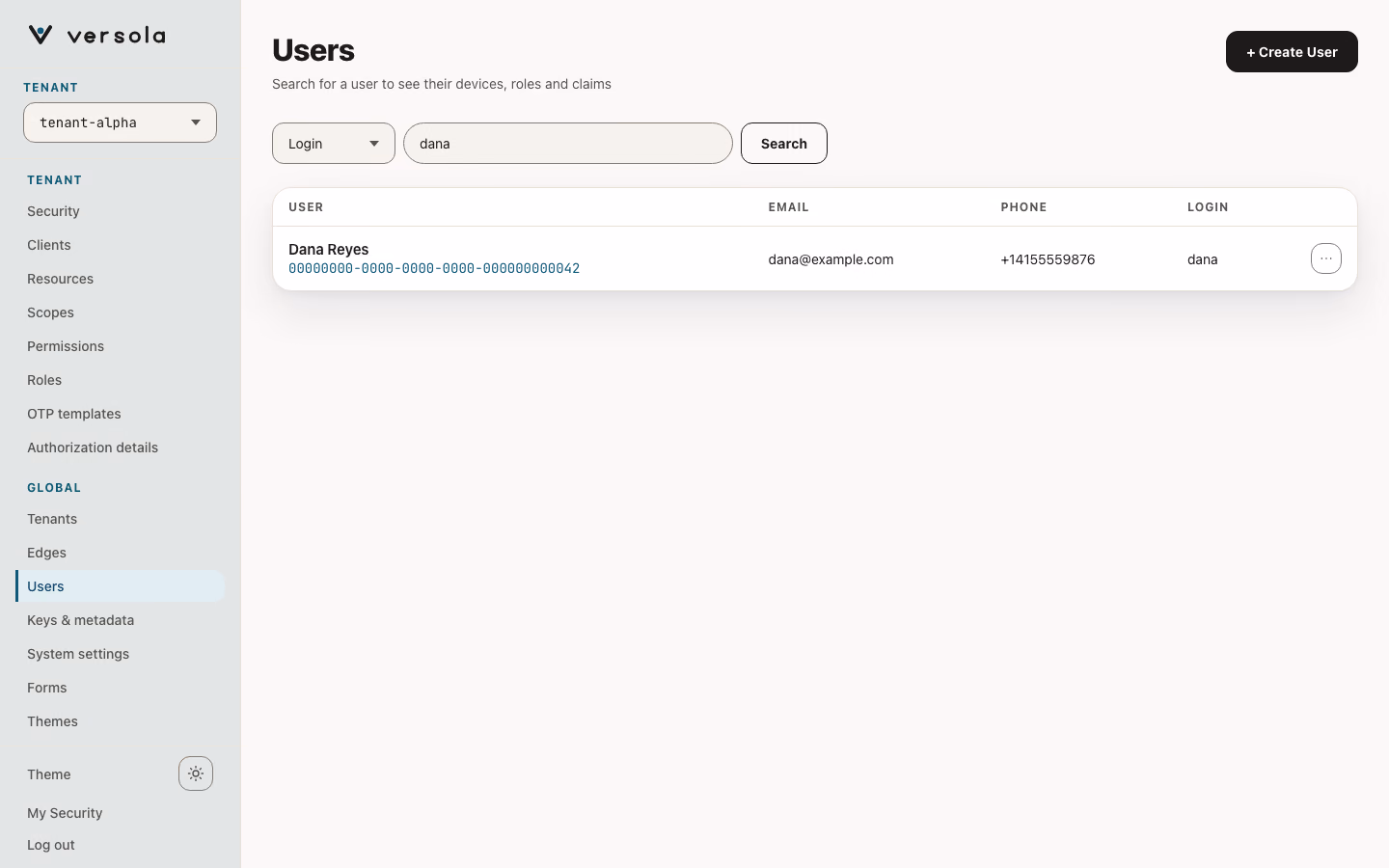 A found user in the results table with the row menu