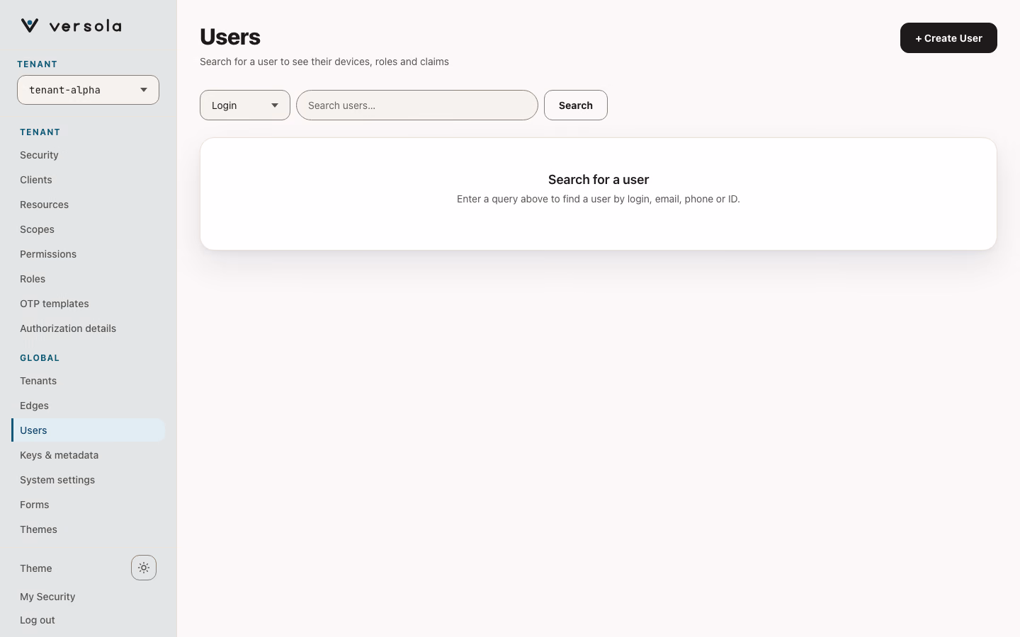 Users page before a search with the field selector, search box and the Search for a user message