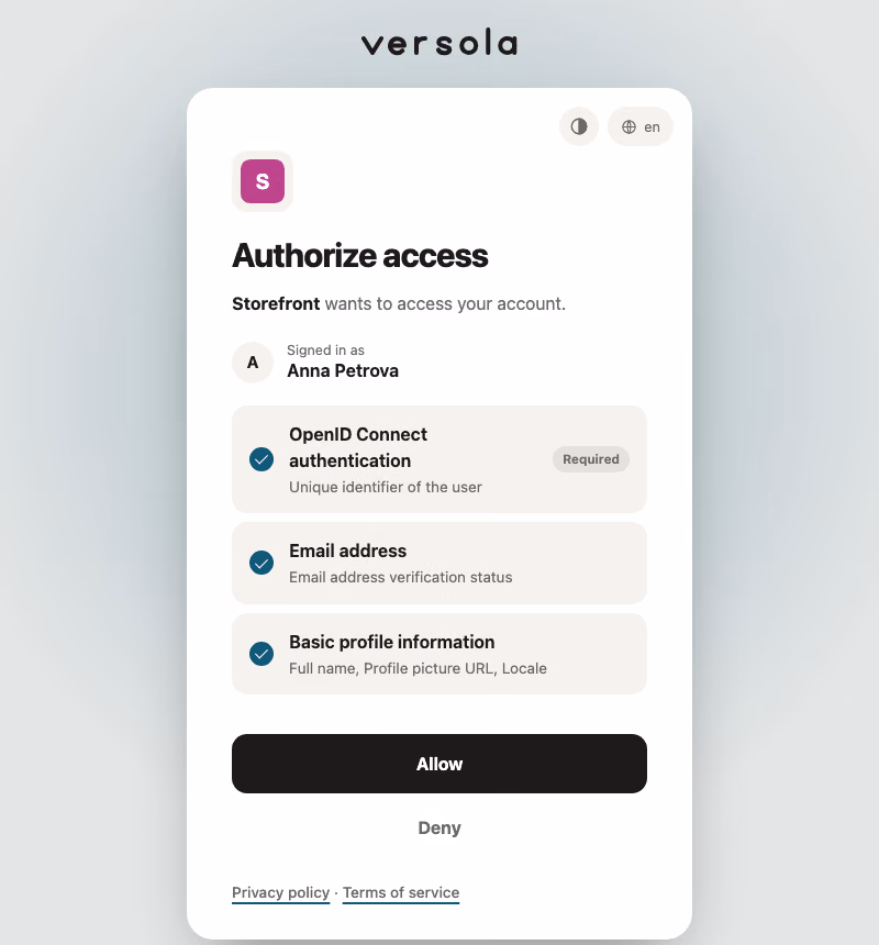 The consent screen: the partner's icon in the card, the name of the signed-in user and the requested scopes, with a Required tag on the mandatory one