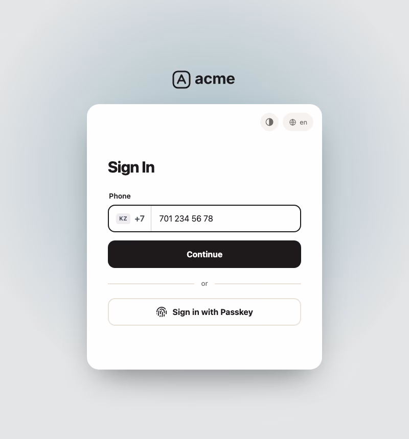 The phone sign-in screen with the Acme logo above the card instead of the Versola wordmark